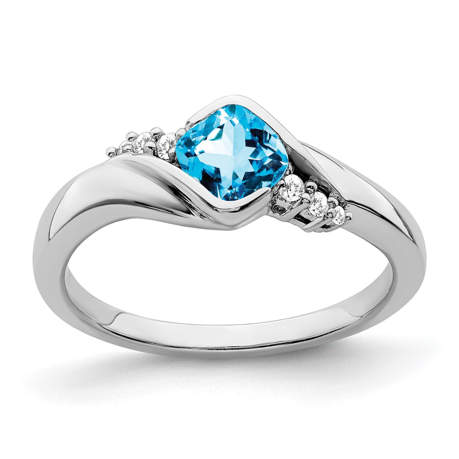 14k White Gold 5mm Cushion Blue Topaz and 1/20 carat Diamond Ring