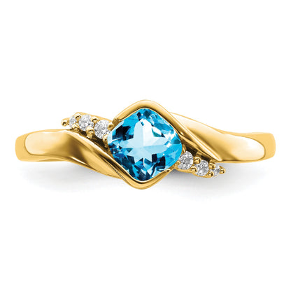 14k 5mm Cushion Blue Topaz and 1/20 carat Diamond Ring