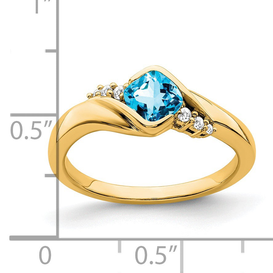 14k 5mm Cushion Blue Topaz and 1/20 carat Diamond Ring
