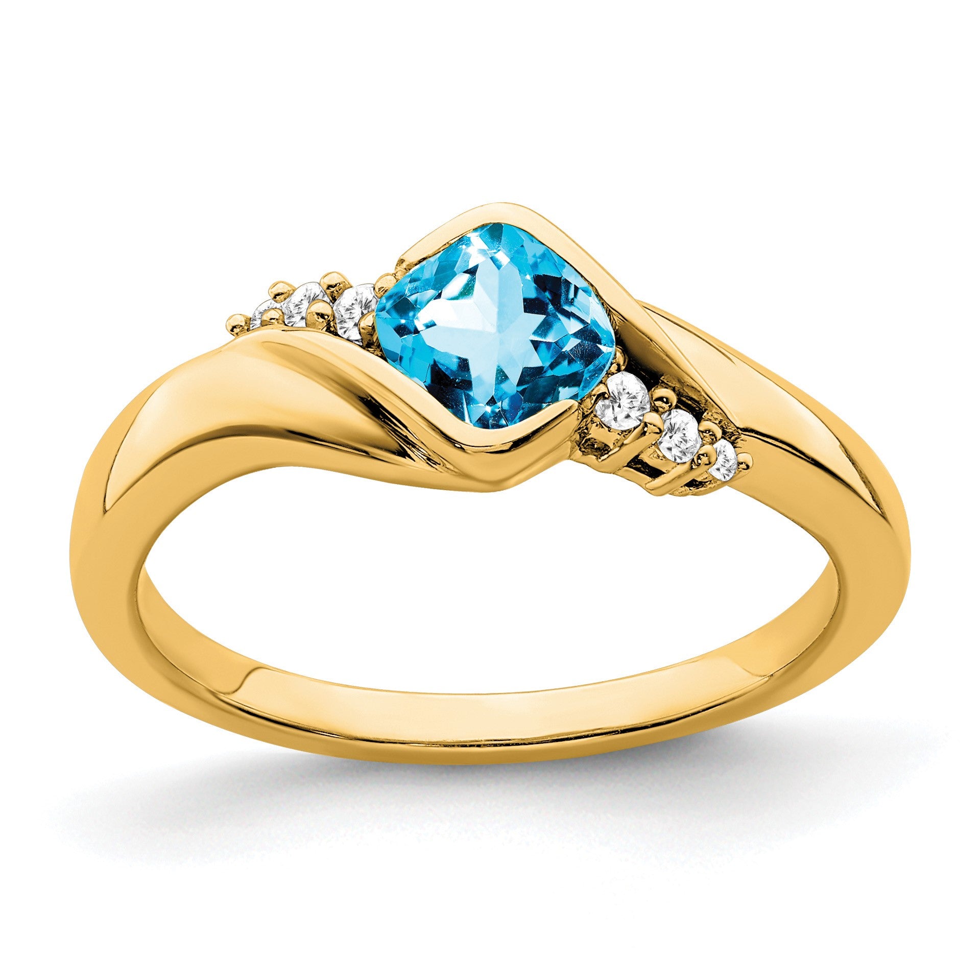 14k 5mm Cushion Blue Topaz and 1/20 carat Diamond Ring