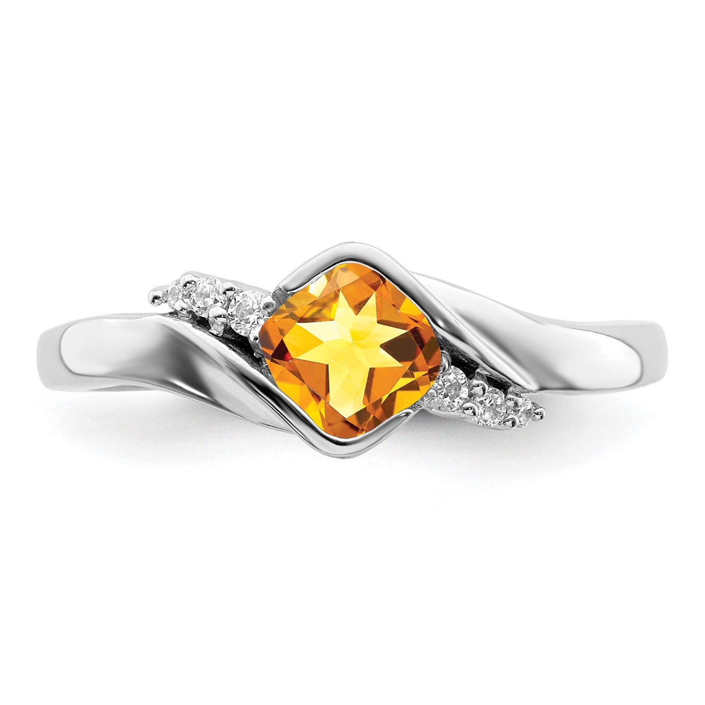 14k White Gold 5mm Cushion Citrine and 1/20 carat Diamond Ring