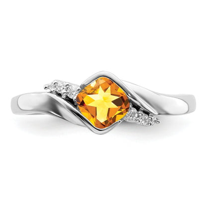 14k White Gold 5mm Cushion Citrine and 1/20 carat Diamond Ring