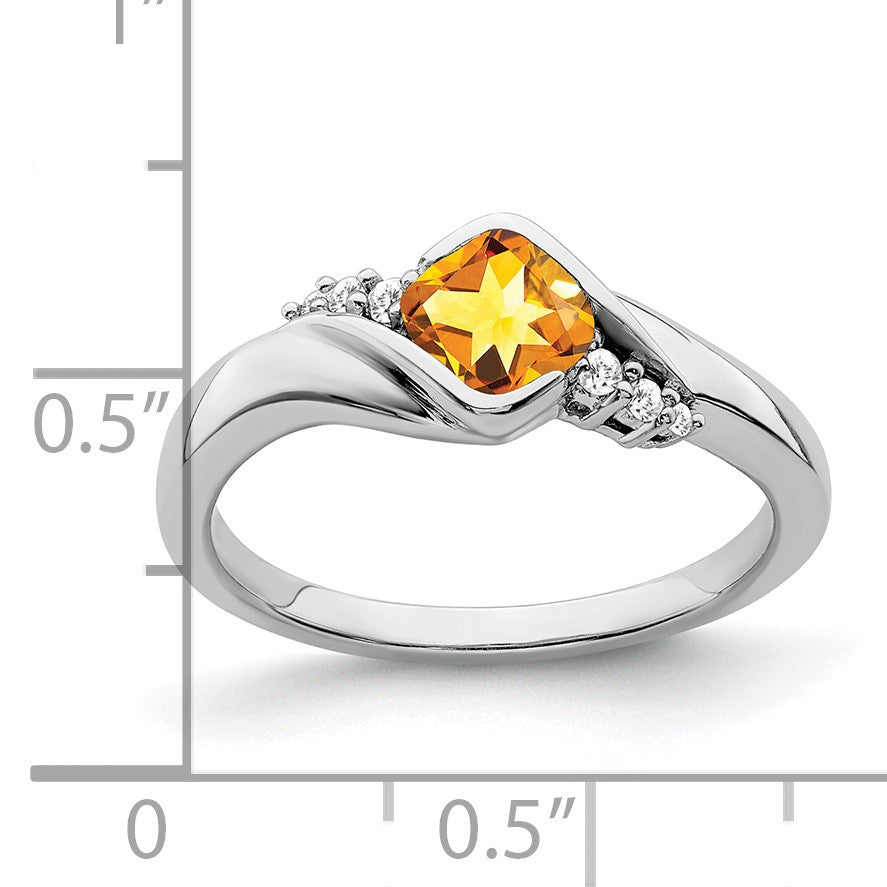 14k White Gold 5mm Cushion Citrine and 1/20 carat Diamond Ring