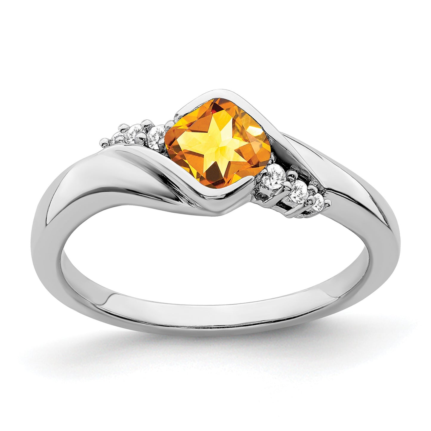 14k White Gold 5mm Cushion Citrine and 1/20 carat Diamond Ring