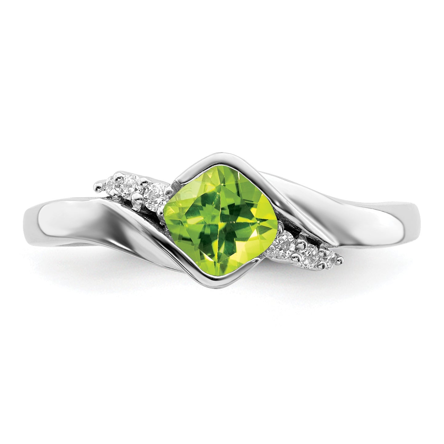 14k White Gold 5mm Cushion Peridot and 1/20 carat Diamond Ring