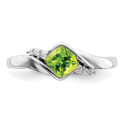 14k White Gold 5mm Cushion Peridot and 1/20 carat Diamond Ring