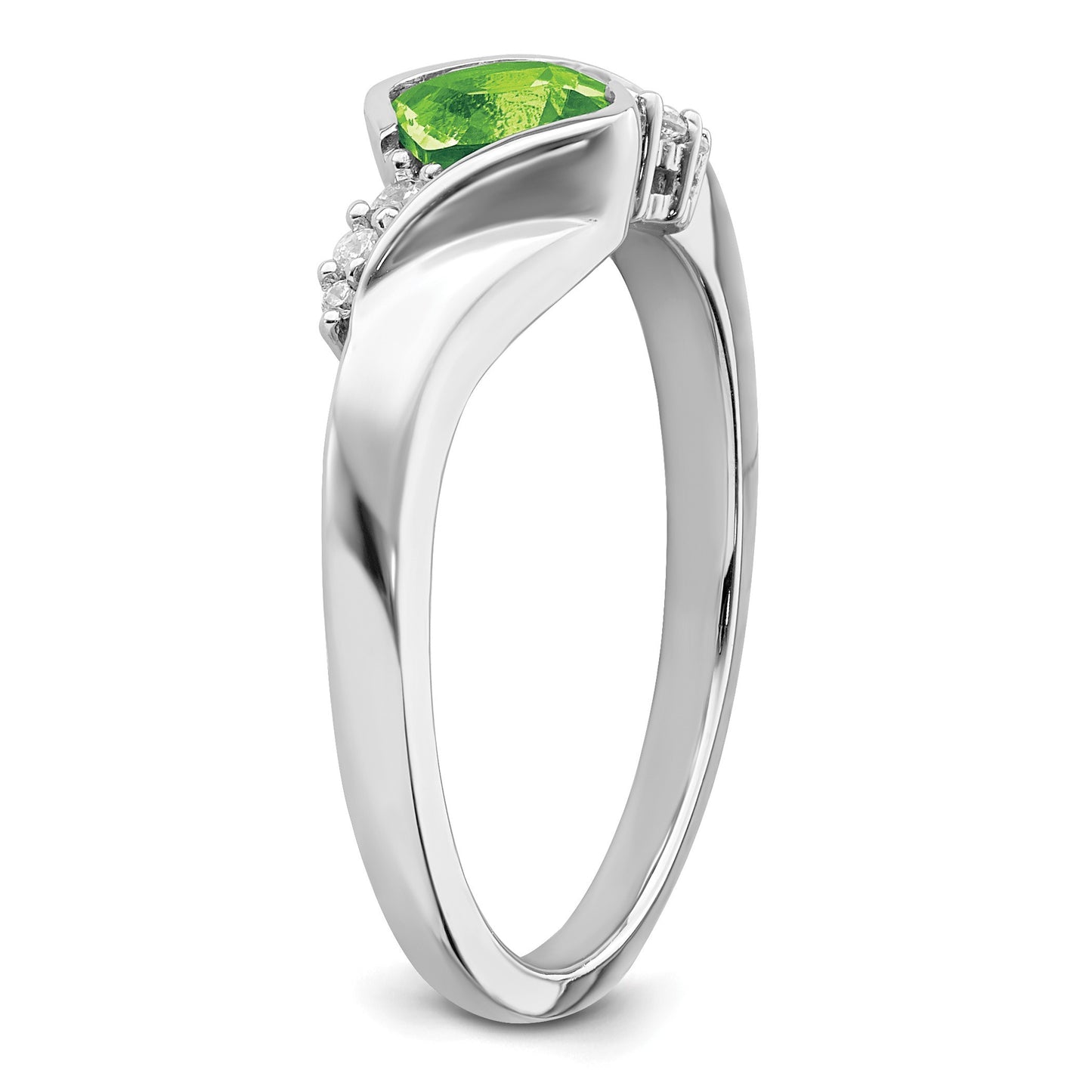 14k White Gold 5mm Cushion Peridot and 1/20 carat Diamond Ring