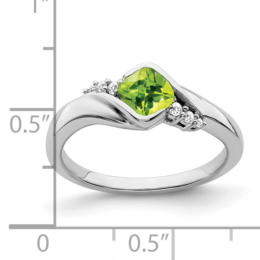 14k White Gold 5mm Cushion Peridot and 1/20 carat Diamond Ring