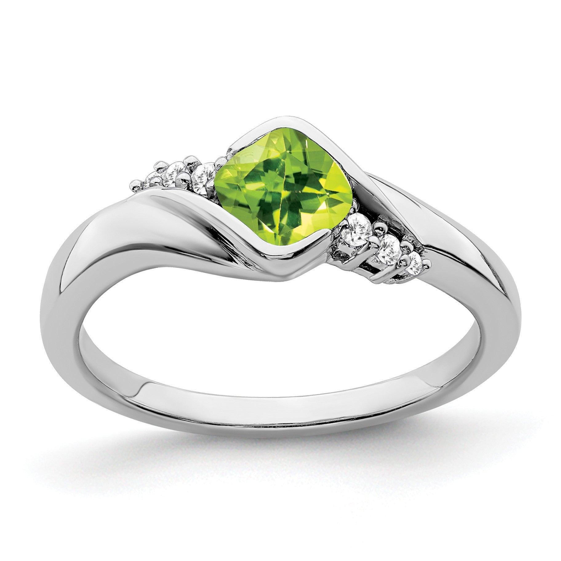 14k White Gold 5mm Cushion Peridot and 1/20 carat Diamond Ring