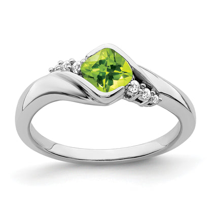 14k White Gold 5mm Cushion Peridot and 1/20 carat Diamond Ring