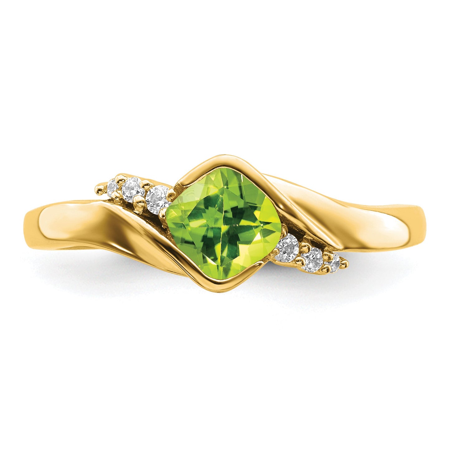 14k 5mm Cushion Peridot and 1/20 carat Diamond Ring
