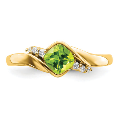 14k 5mm Cushion Peridot and 1/20 carat Diamond Ring