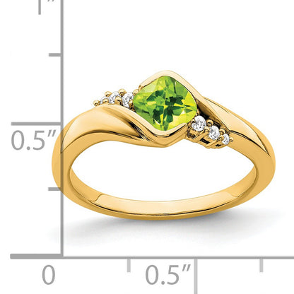 14k 5mm Cushion Peridot and 1/20 carat Diamond Ring