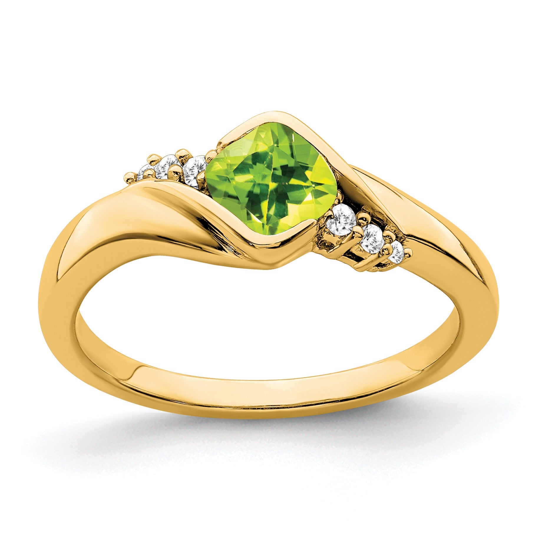 14k 5mm Cushion Peridot and 1/20 carat Diamond Ring