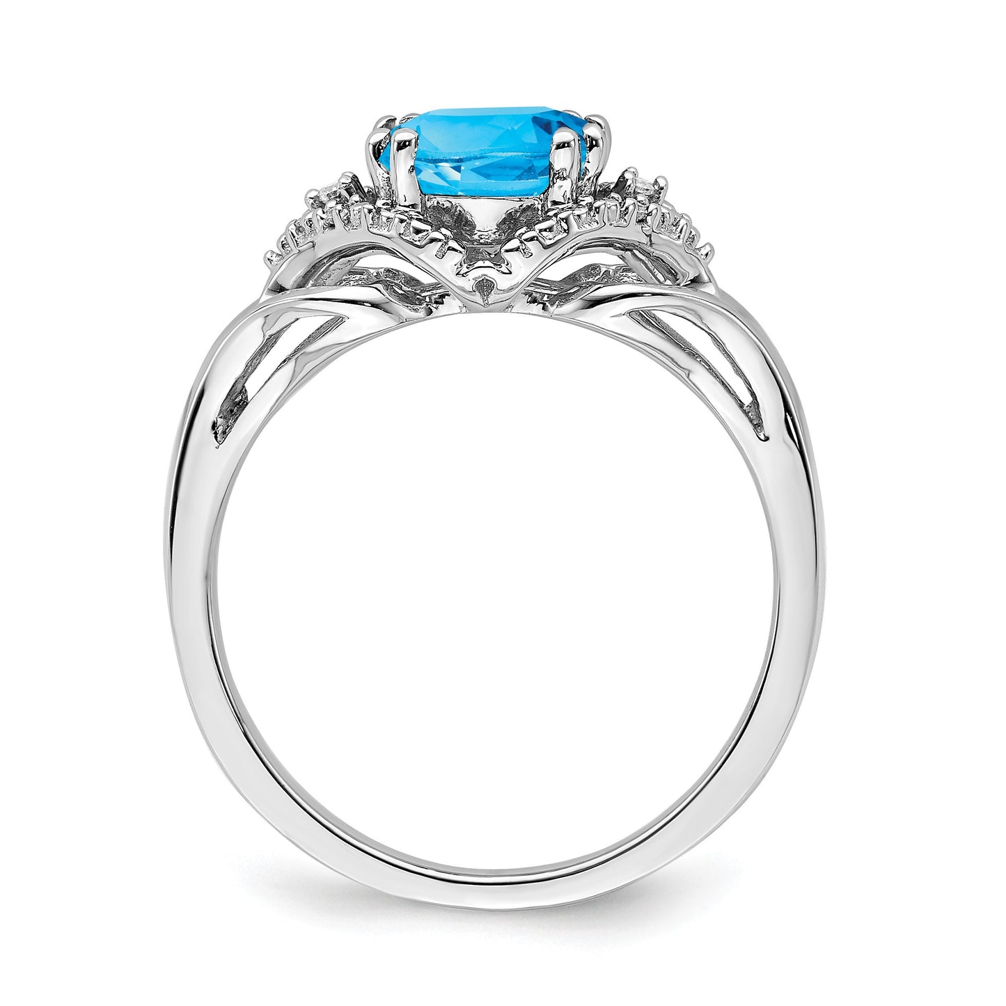 14k White Gold 7mm Cushion Blue Topaz and Diamond Ring