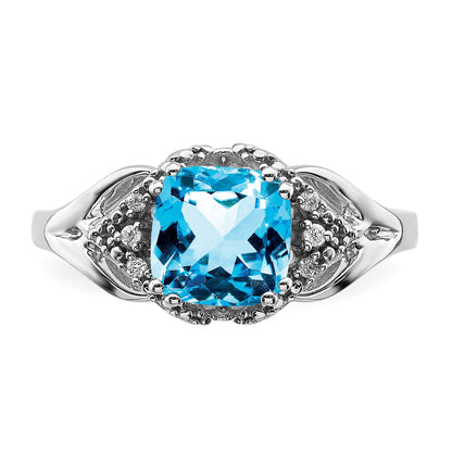 14k White Gold 7mm Cushion Blue Topaz and Diamond Ring