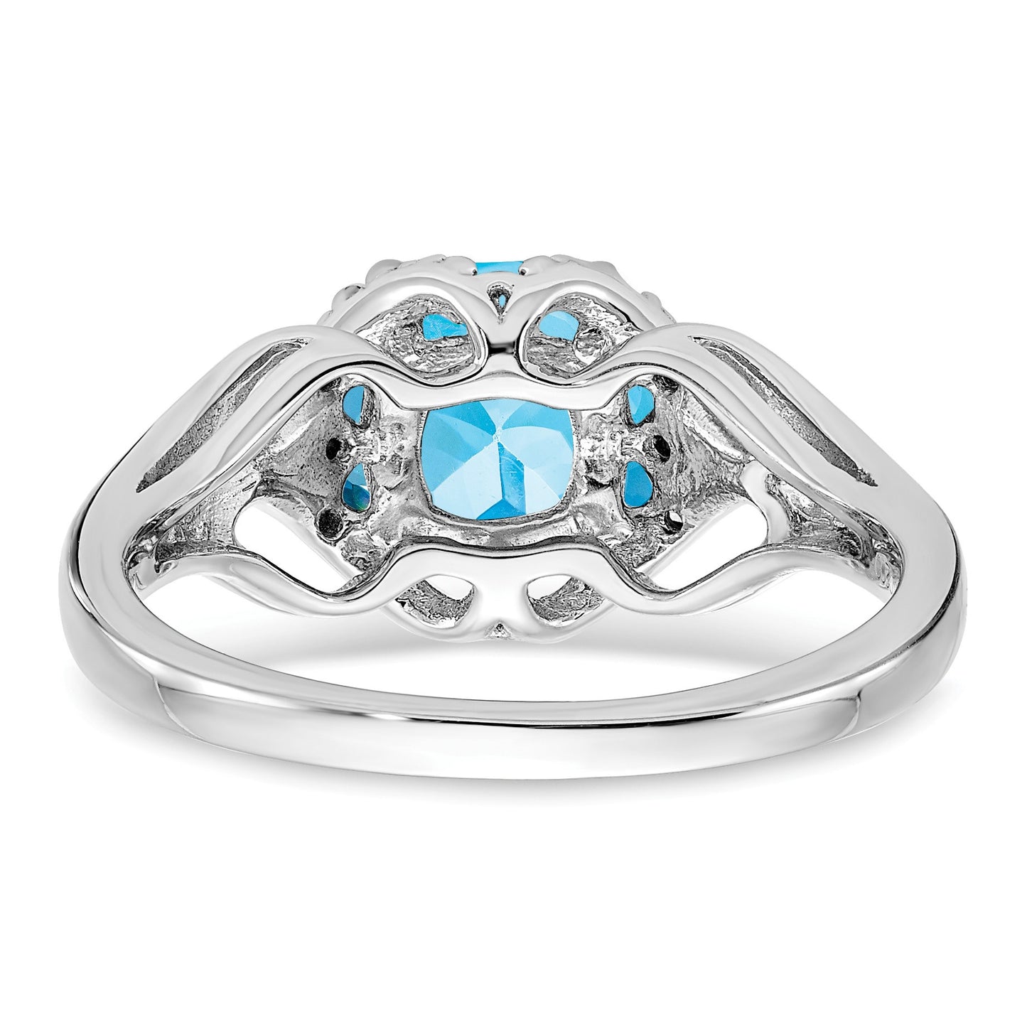 14k White Gold 7mm Cushion Blue Topaz and Diamond Ring