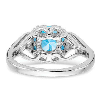 14k White Gold 7mm Cushion Blue Topaz and Diamond Ring