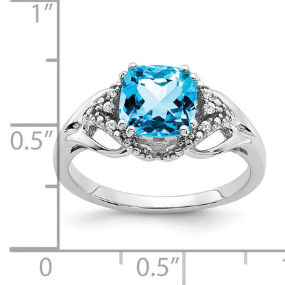 14k White Gold 7mm Cushion Blue Topaz and Diamond Ring