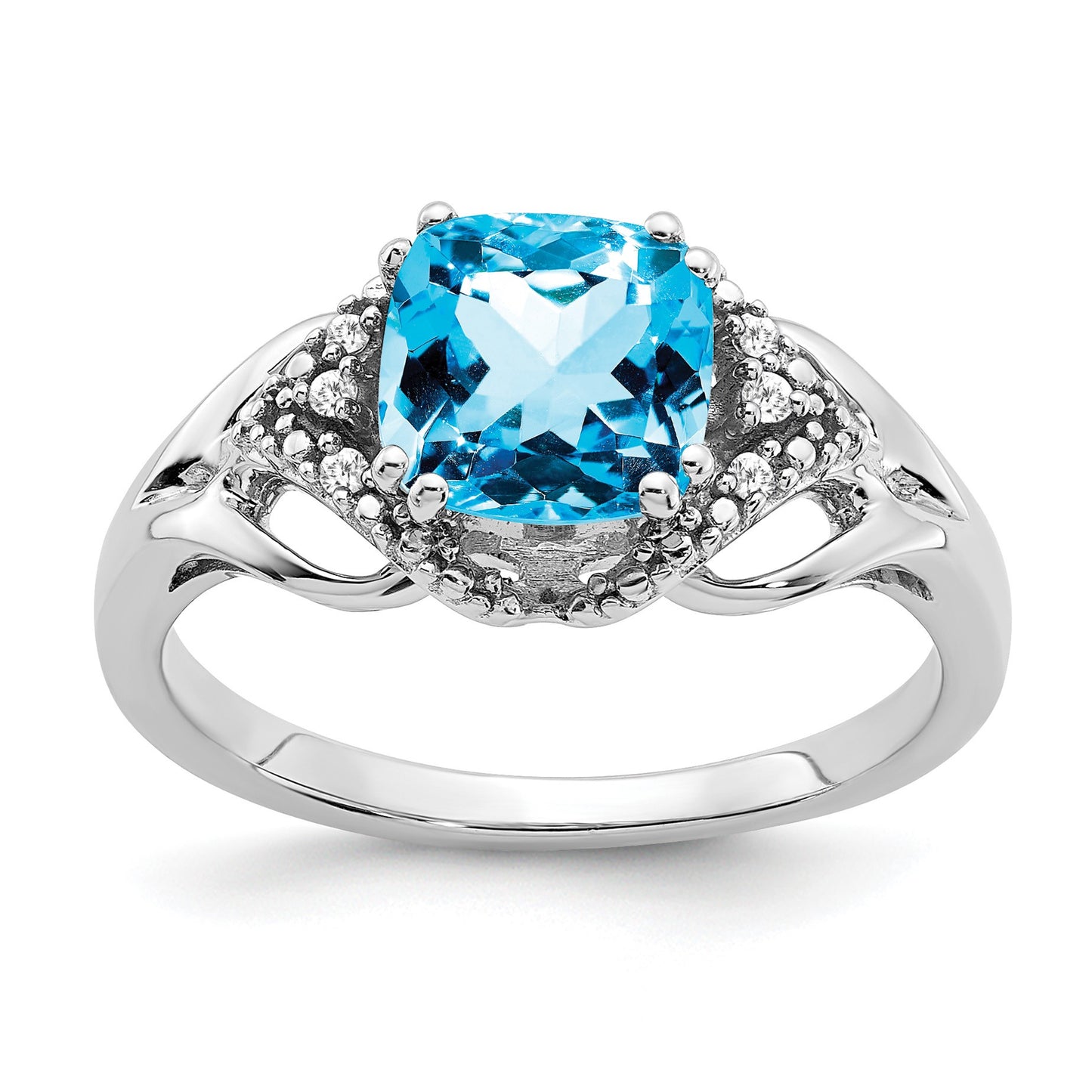 14k White Gold 7mm Cushion Blue Topaz and Diamond Ring