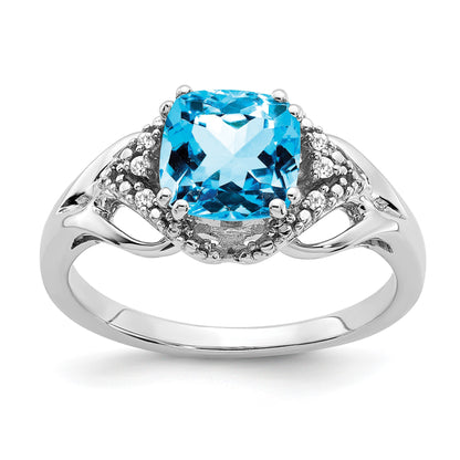 14k White Gold 7mm Cushion Blue Topaz and Diamond Ring