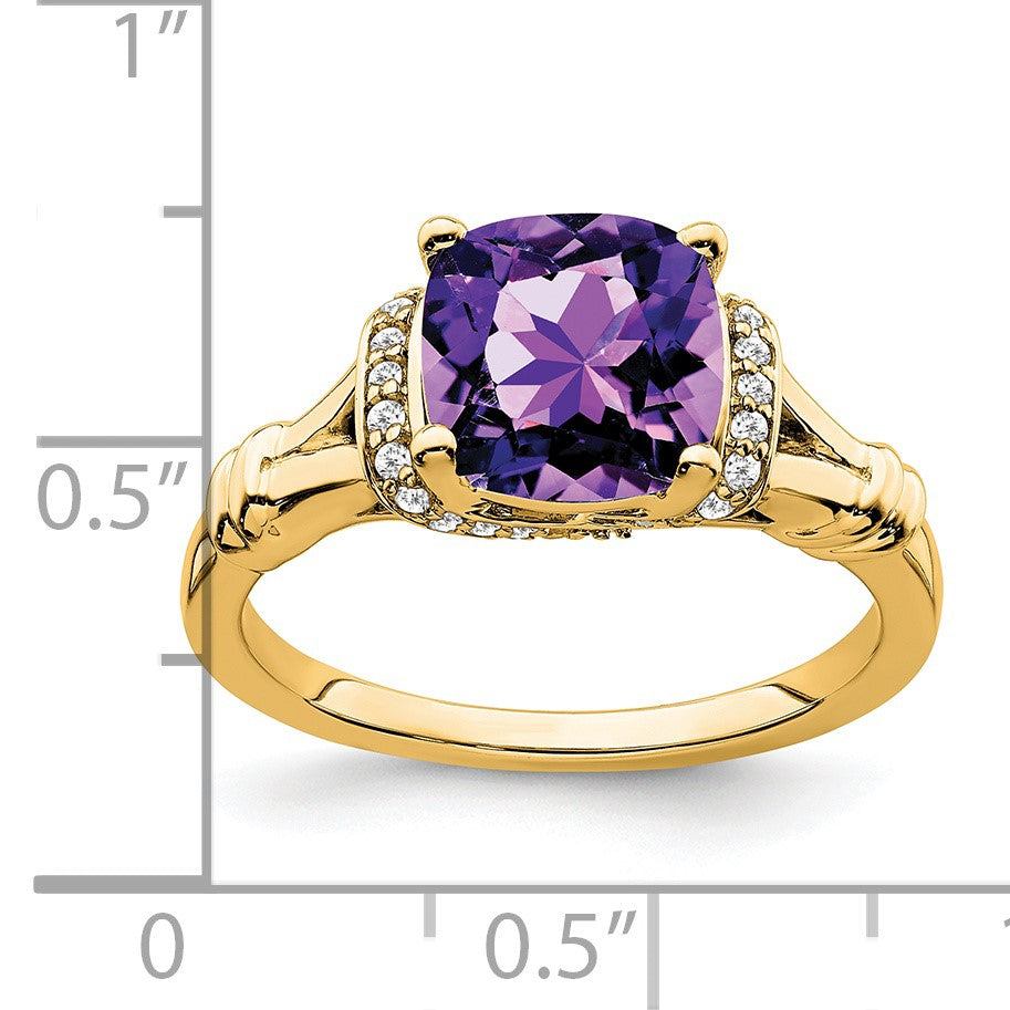 14k 8mm Cushion Amethyst and 1/8 carat Diamond Ring