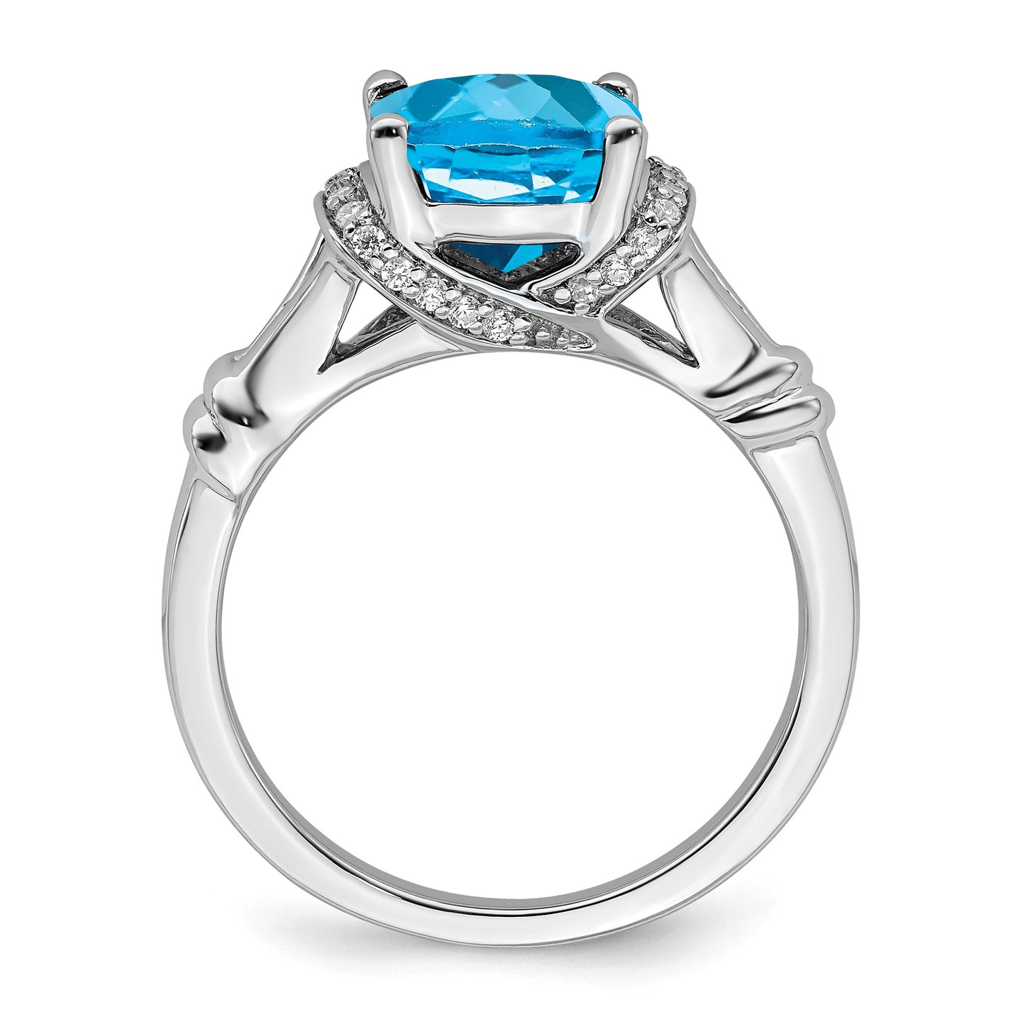 14k White Gold 8mm Cushion Blue Topaz and 1/8 carat Diamond Ring