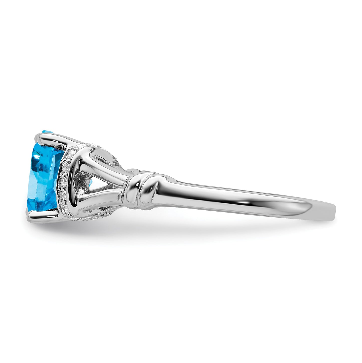 14k White Gold 8mm Cushion Blue Topaz and 1/8 carat Diamond Ring