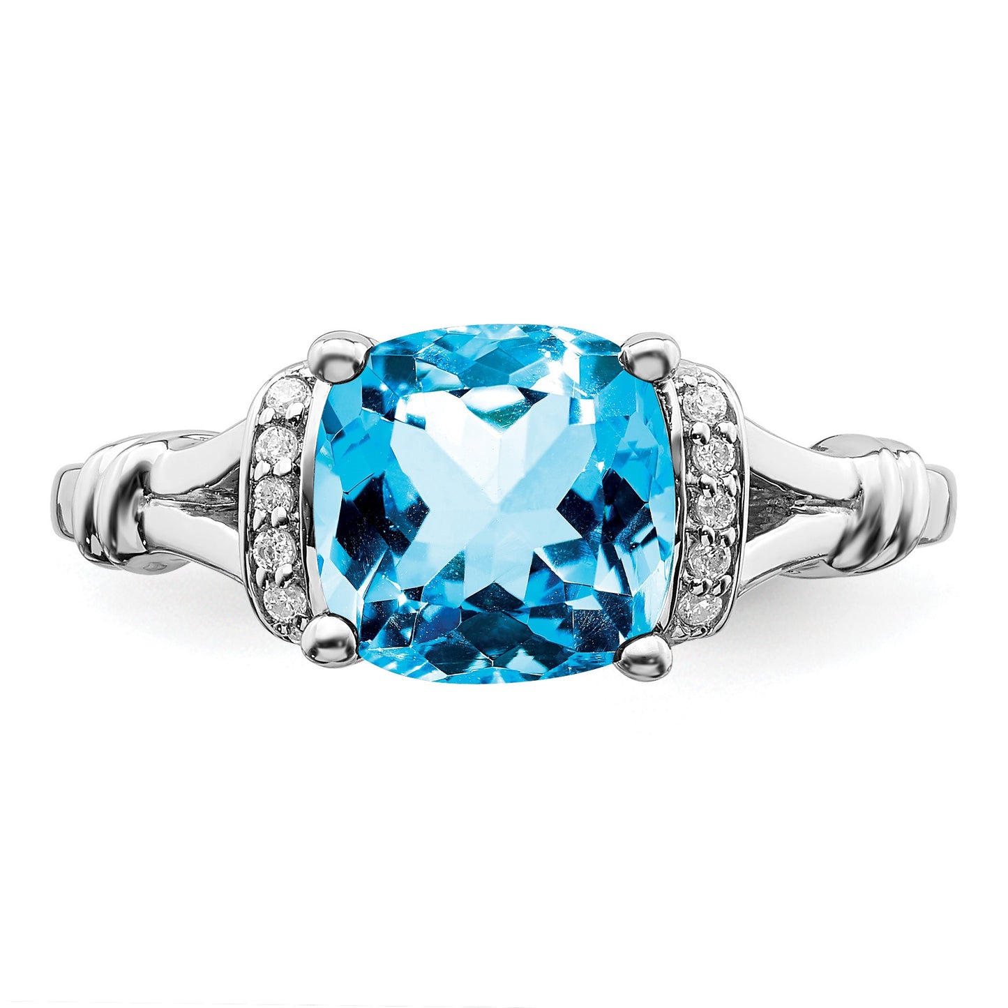 14k White Gold 8mm Cushion Blue Topaz and 1/8 carat Diamond Ring