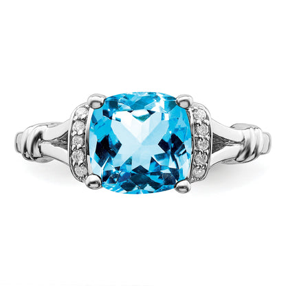 14k White Gold 8mm Cushion Blue Topaz and 1/8 carat Diamond Ring