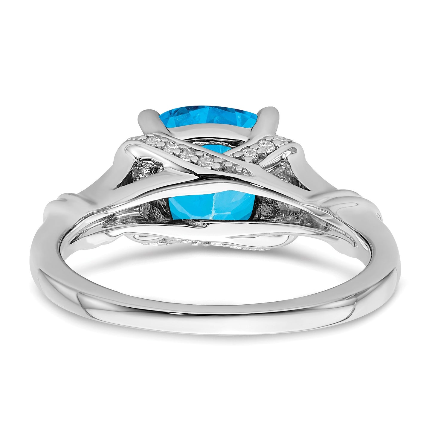 14k White Gold 8mm Cushion Blue Topaz and 1/8 carat Diamond Ring