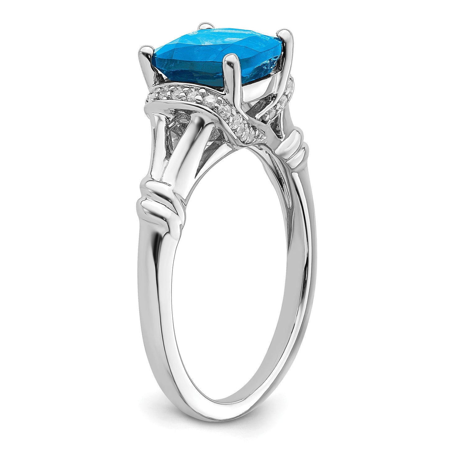 14k White Gold 8mm Cushion Blue Topaz and 1/8 carat Diamond Ring