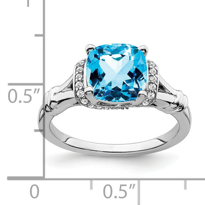 14k White Gold 8mm Cushion Blue Topaz and 1/8 carat Diamond Ring