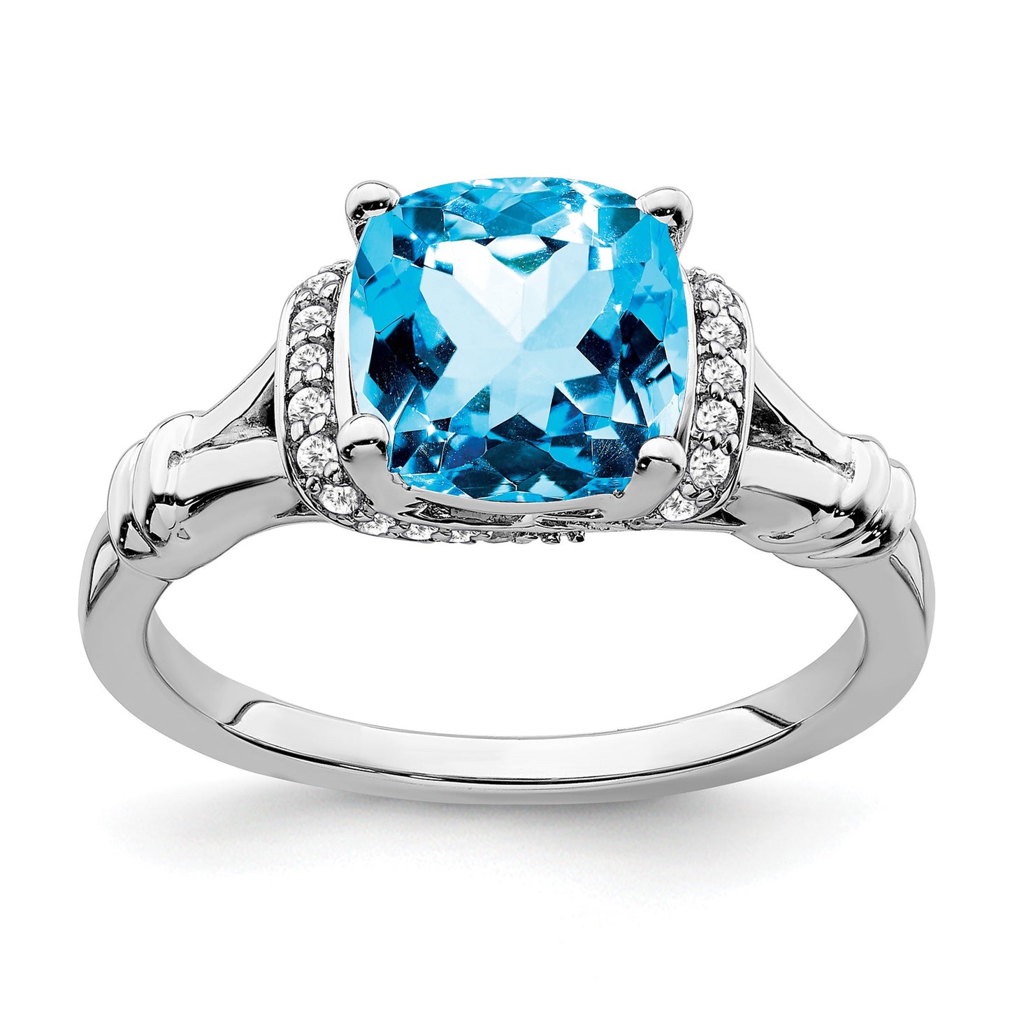 14k White Gold 8mm Cushion Blue Topaz and 1/8 carat Diamond Ring