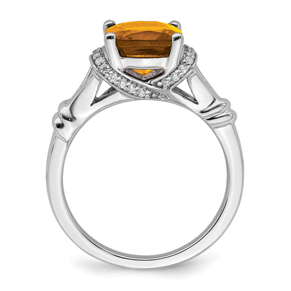 14k White Gold 8mm Cushion Citrine and 1/8 carat Diamond Ring
