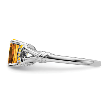 14k White Gold 8mm Cushion Citrine and 1/8 carat Diamond Ring