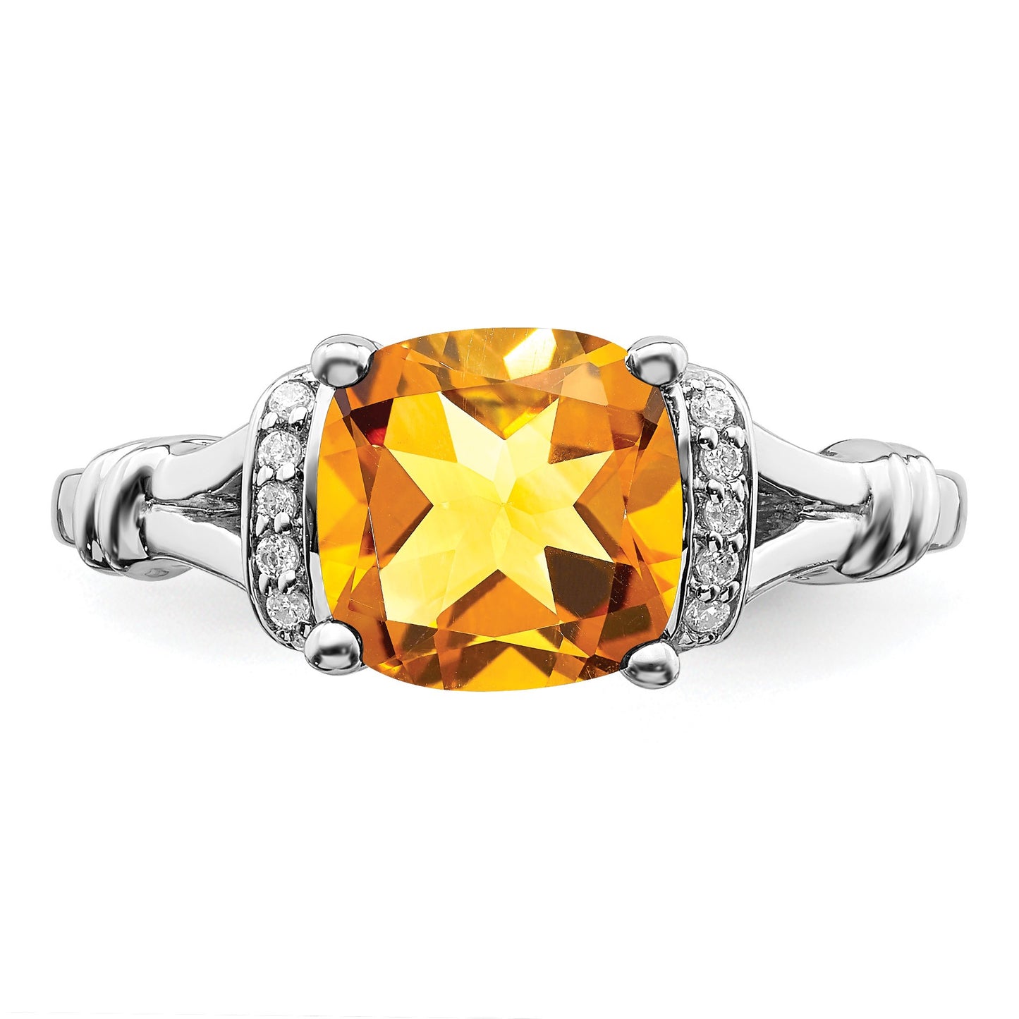 14k White Gold 8mm Cushion Citrine and 1/8 carat Diamond Ring