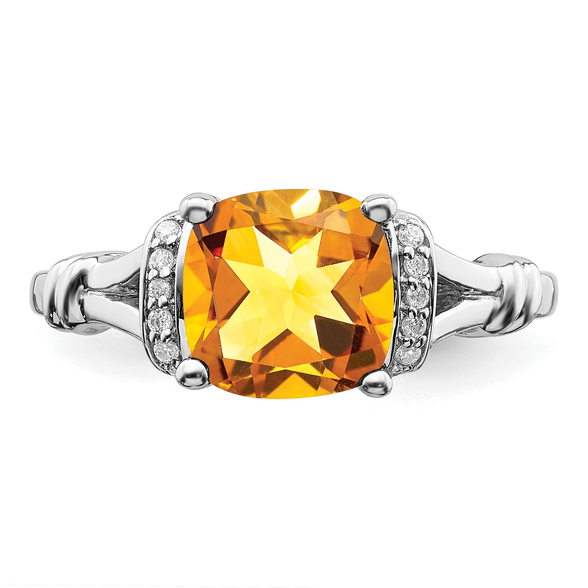 14k White Gold 8mm Cushion Citrine and 1/8 carat Diamond Ring