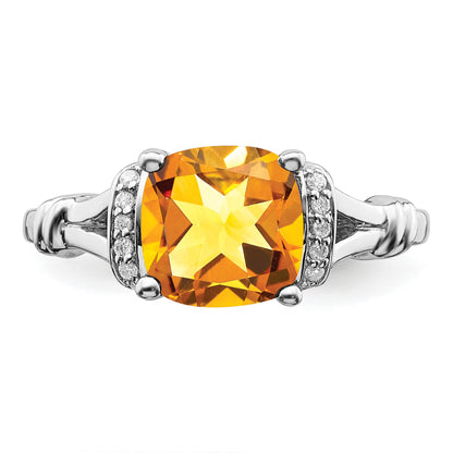 14k White Gold 8mm Cushion Citrine and 1/8 carat Diamond Ring