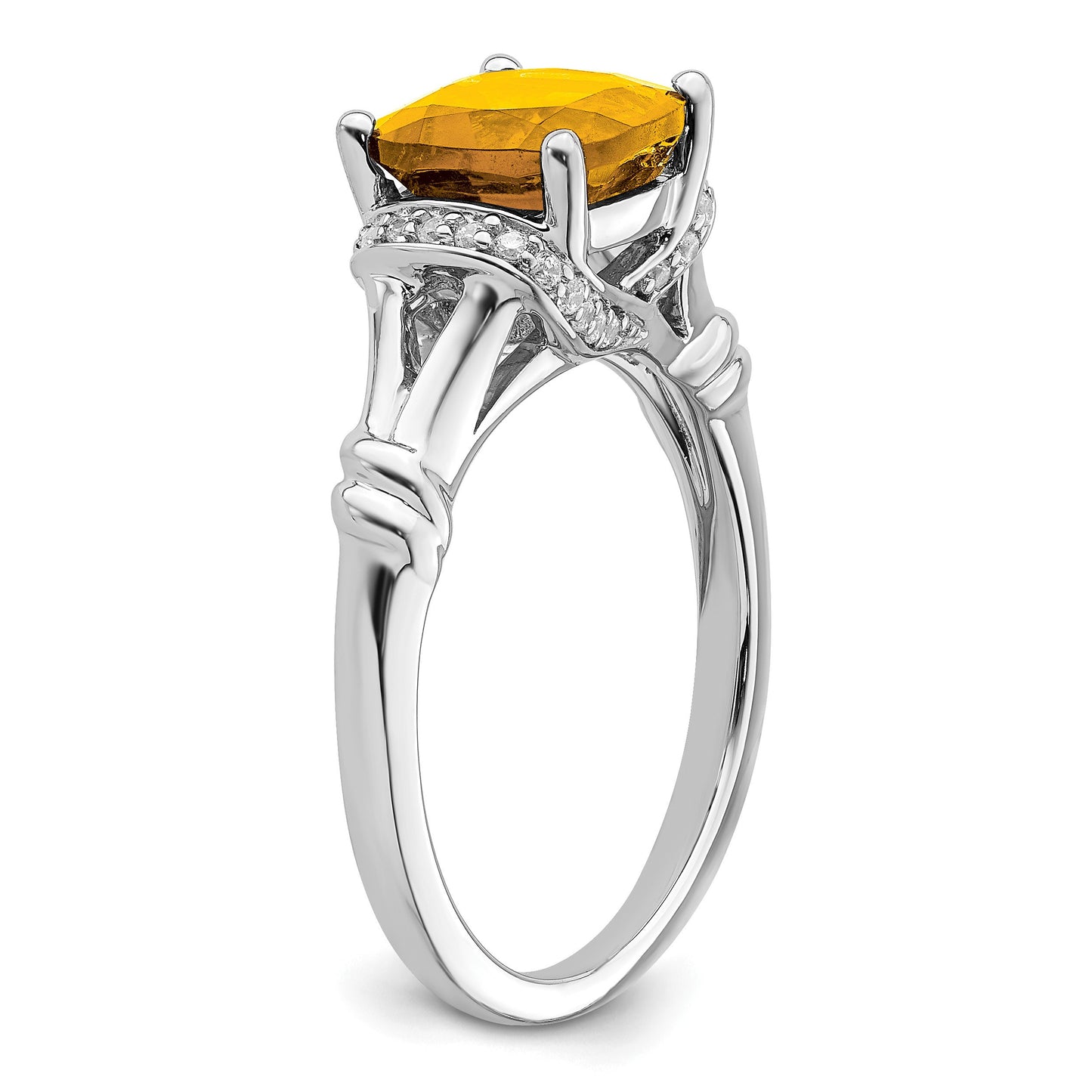 14k White Gold 8mm Cushion Citrine and 1/8 carat Diamond Ring