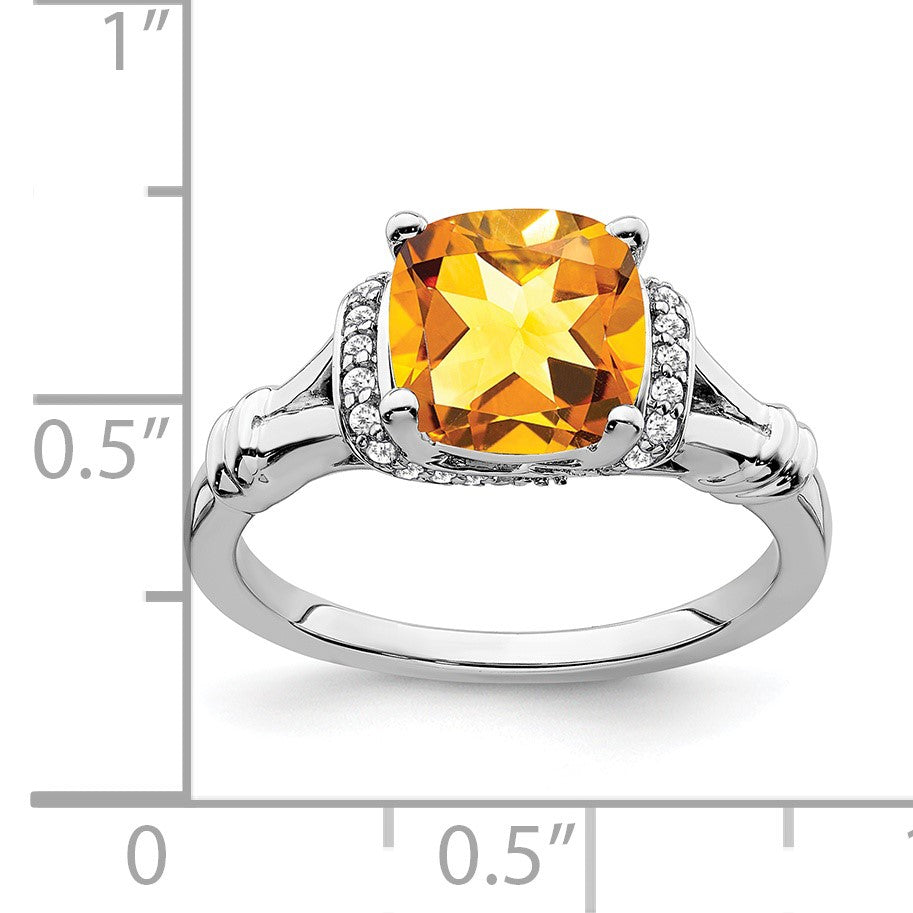 14k White Gold 8mm Cushion Citrine and 1/8 carat Diamond Ring