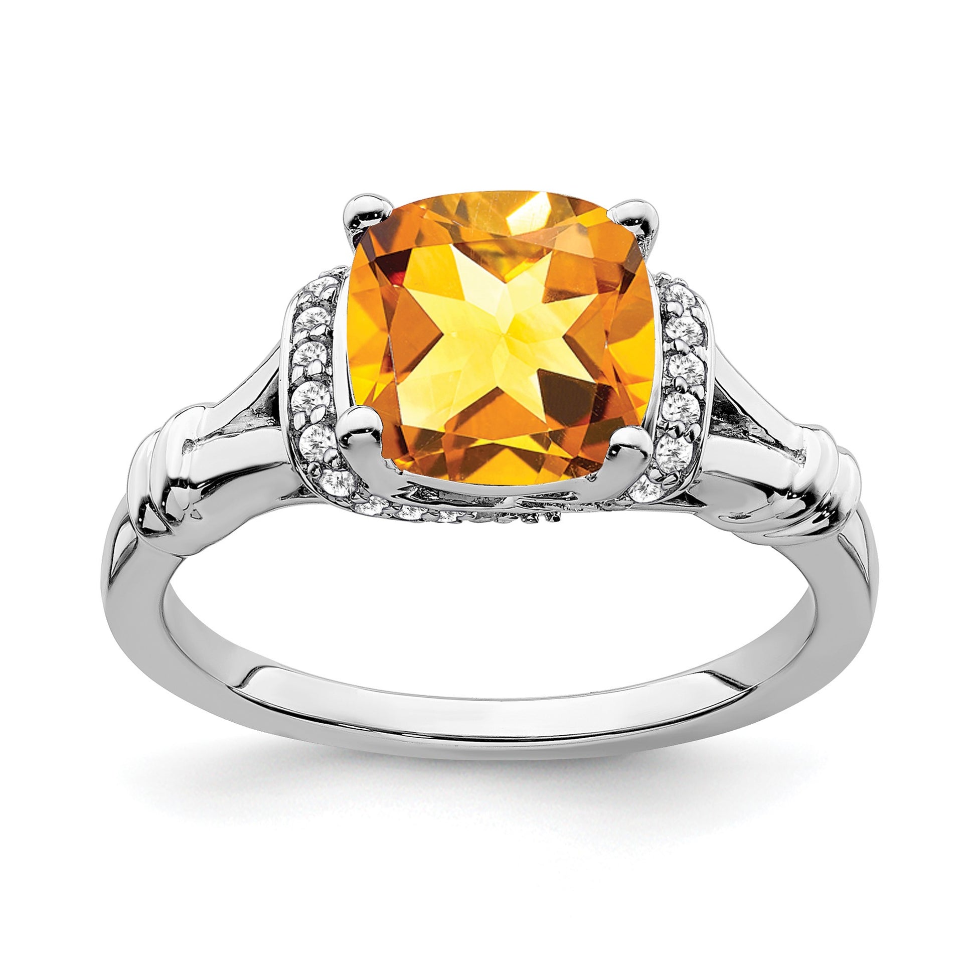 14k White Gold 8mm Cushion Citrine and 1/8 carat Diamond Ring