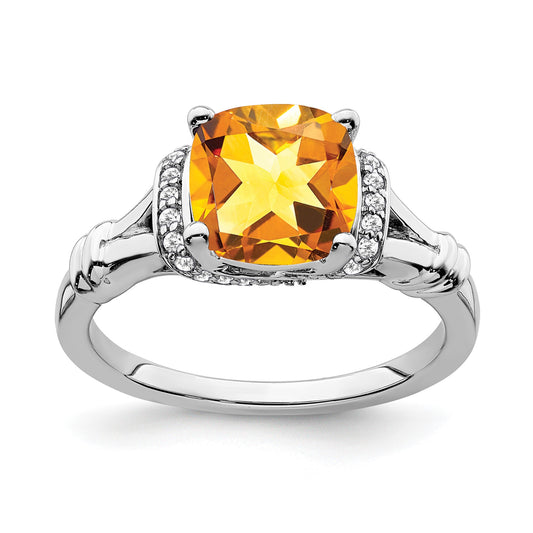 14k White Gold 8mm Cushion Citrine and 1/8 carat Diamond Ring