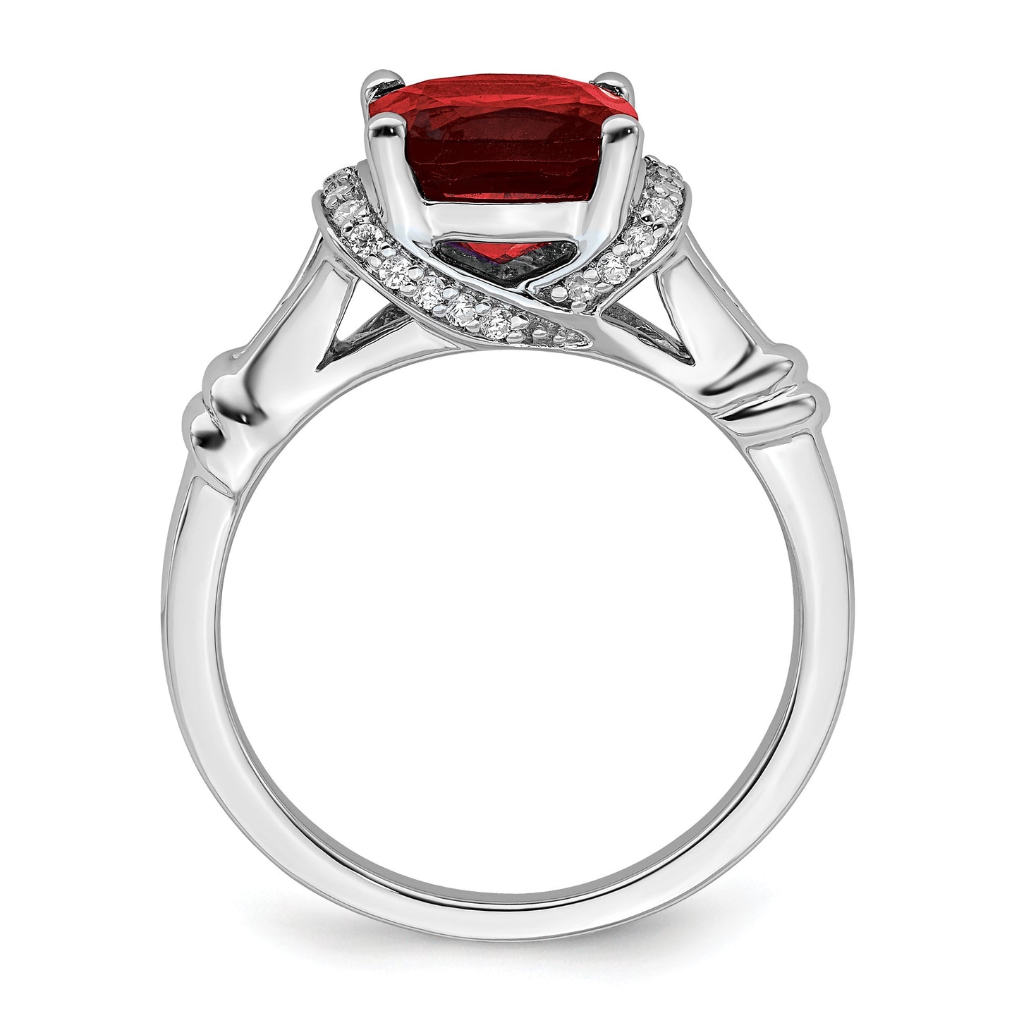 14k White Gold 8mm Cushion Garnet and 1/8 carat Diamond Ring