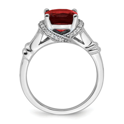 14k White Gold 8mm Cushion Garnet and 1/8 carat Diamond Ring