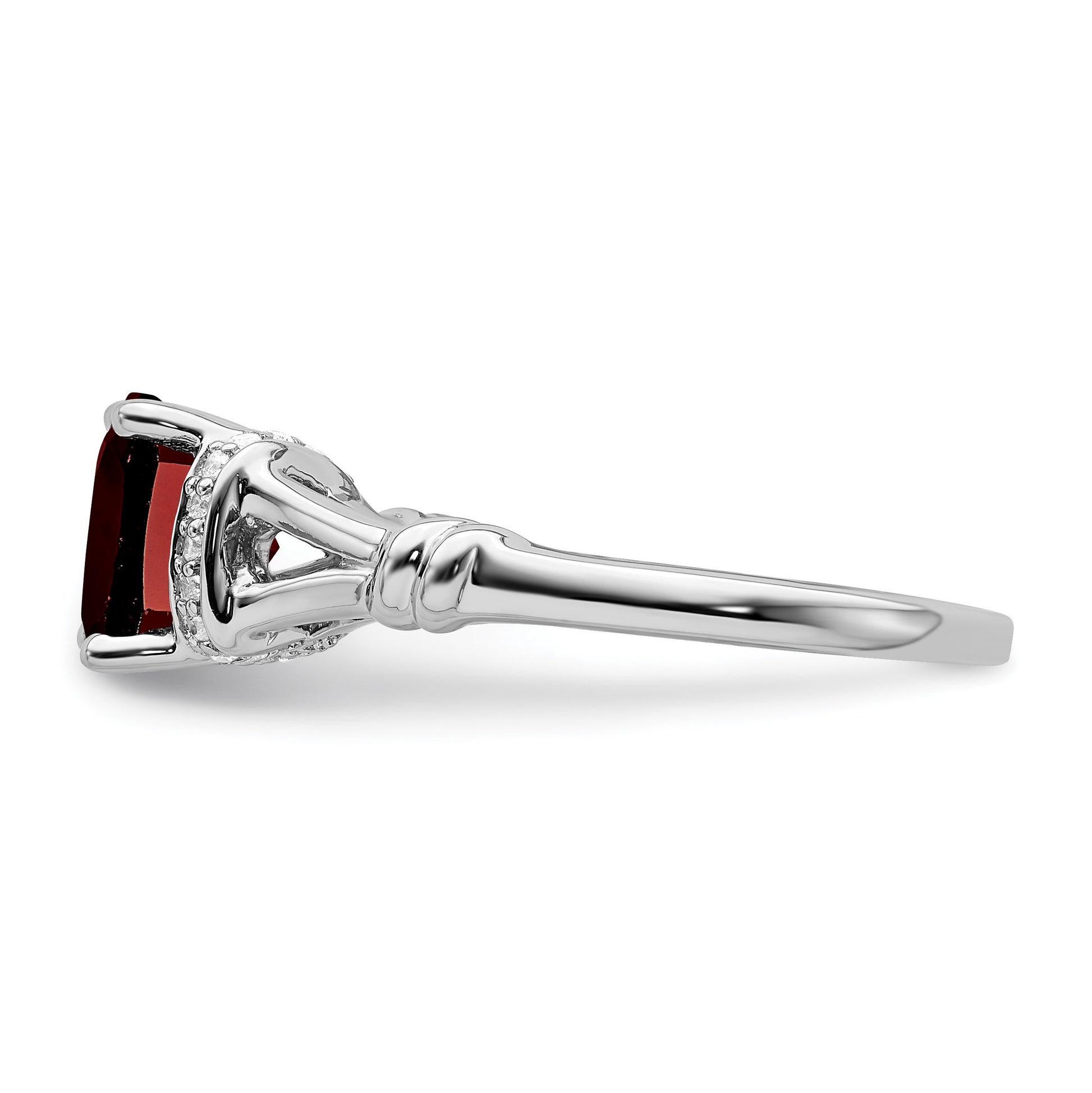 14k White Gold 8mm Cushion Garnet and 1/8 carat Diamond Ring