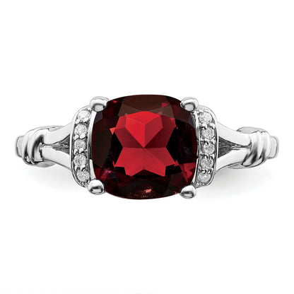 14k White Gold 8mm Cushion Garnet and 1/8 carat Diamond Ring