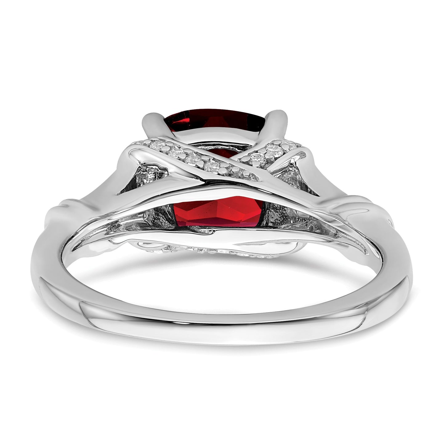 14k White Gold 8mm Cushion Garnet and 1/8 carat Diamond Ring