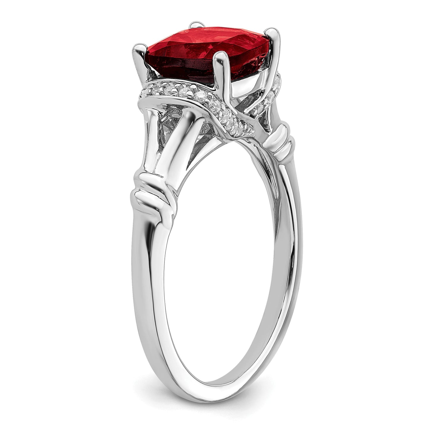 14k White Gold 8mm Cushion Garnet and 1/8 carat Diamond Ring