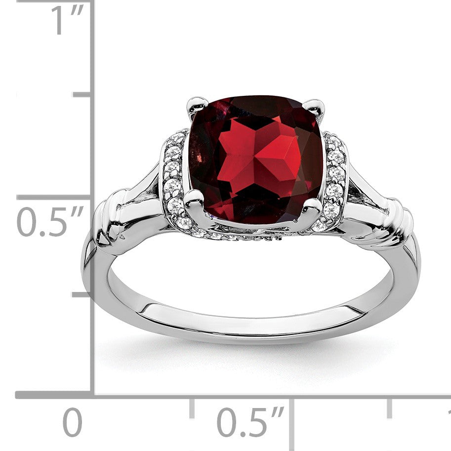 14k White Gold 8mm Cushion Garnet and 1/8 carat Diamond Ring